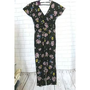 New Look Womens Jumpsuit Black Floral Striped V-Neck Shirt Sleeve Stretch L New
